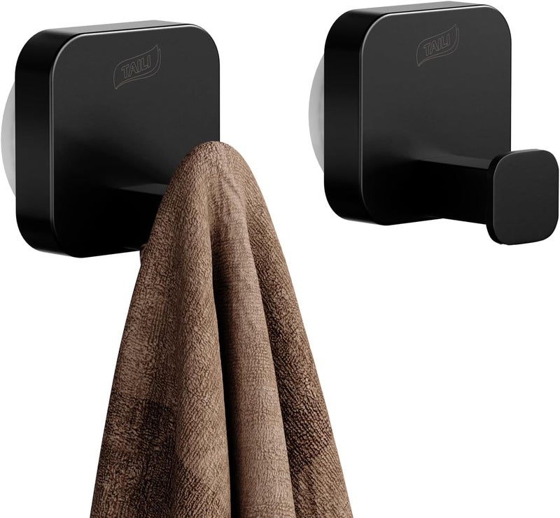 Taili 304 Stainless Steel Bathroom Suction Hook for Towel, Loofah, Bathrobe, Patented Strong Suction Cup, Damage-Free Hanging Glass Shower Wall Hook, Hold Up to 11 Lbs, 2 Pack, Modern Square, Black - Image 1